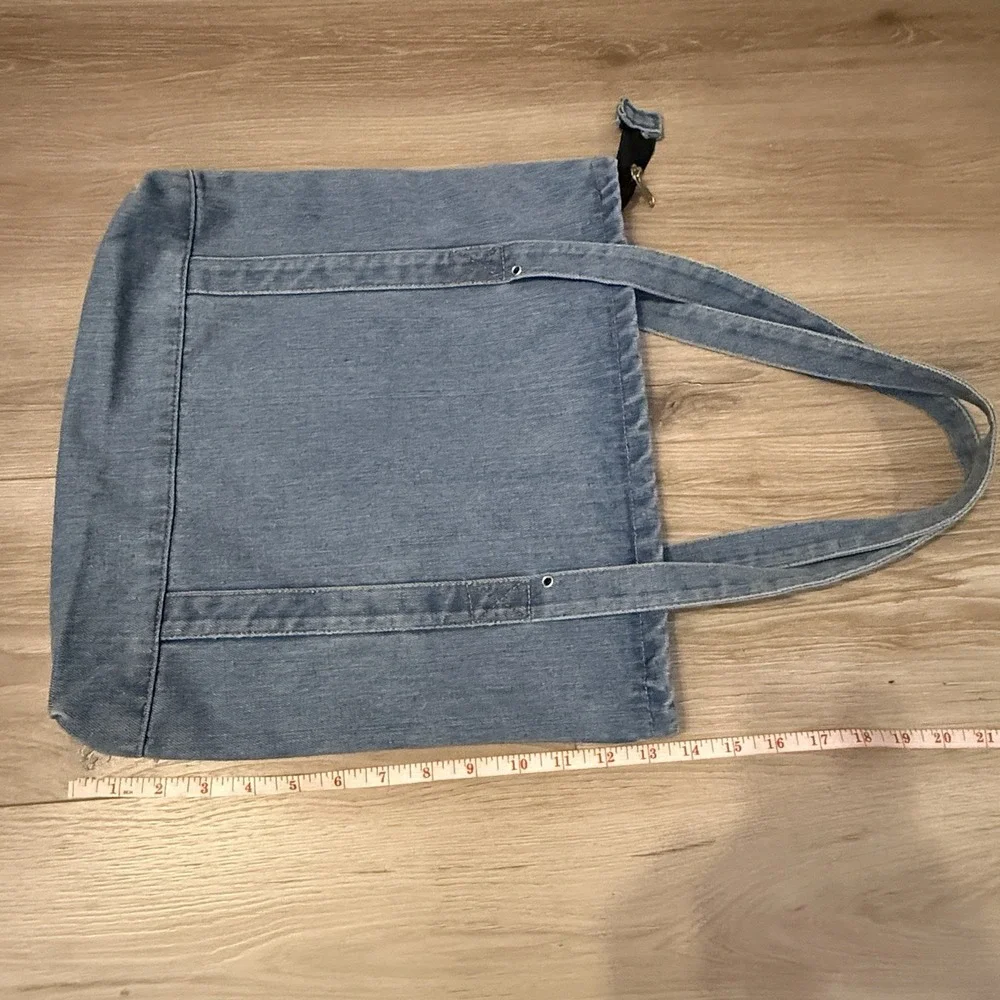 Light Wash Denim Tote Bag Zipper‎ Closure Blue Cotton Shopper Handbag Womens
